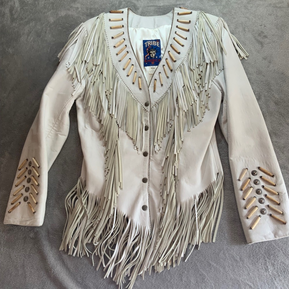Tribe America Vintage White Leather Fringe Western Jacket Wood Beads USA Size 10